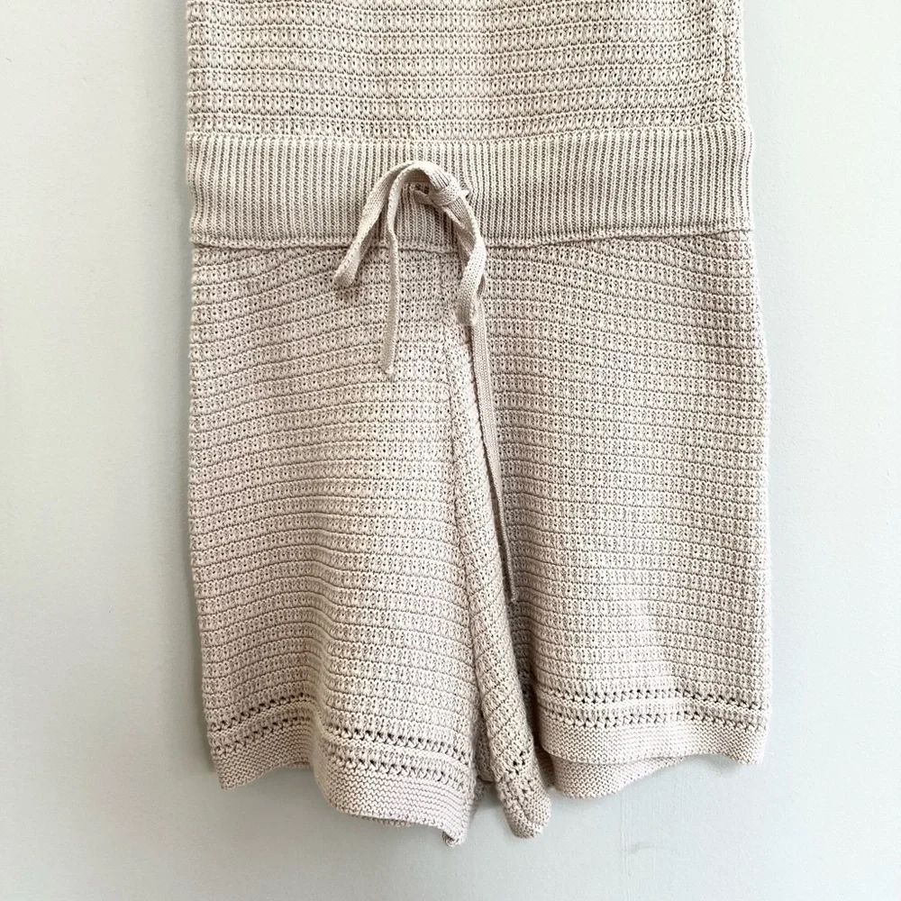 Mable Erika Tie Back Knit Crochet Cotton Sleeveless Boho Romper Beige Tan, Small